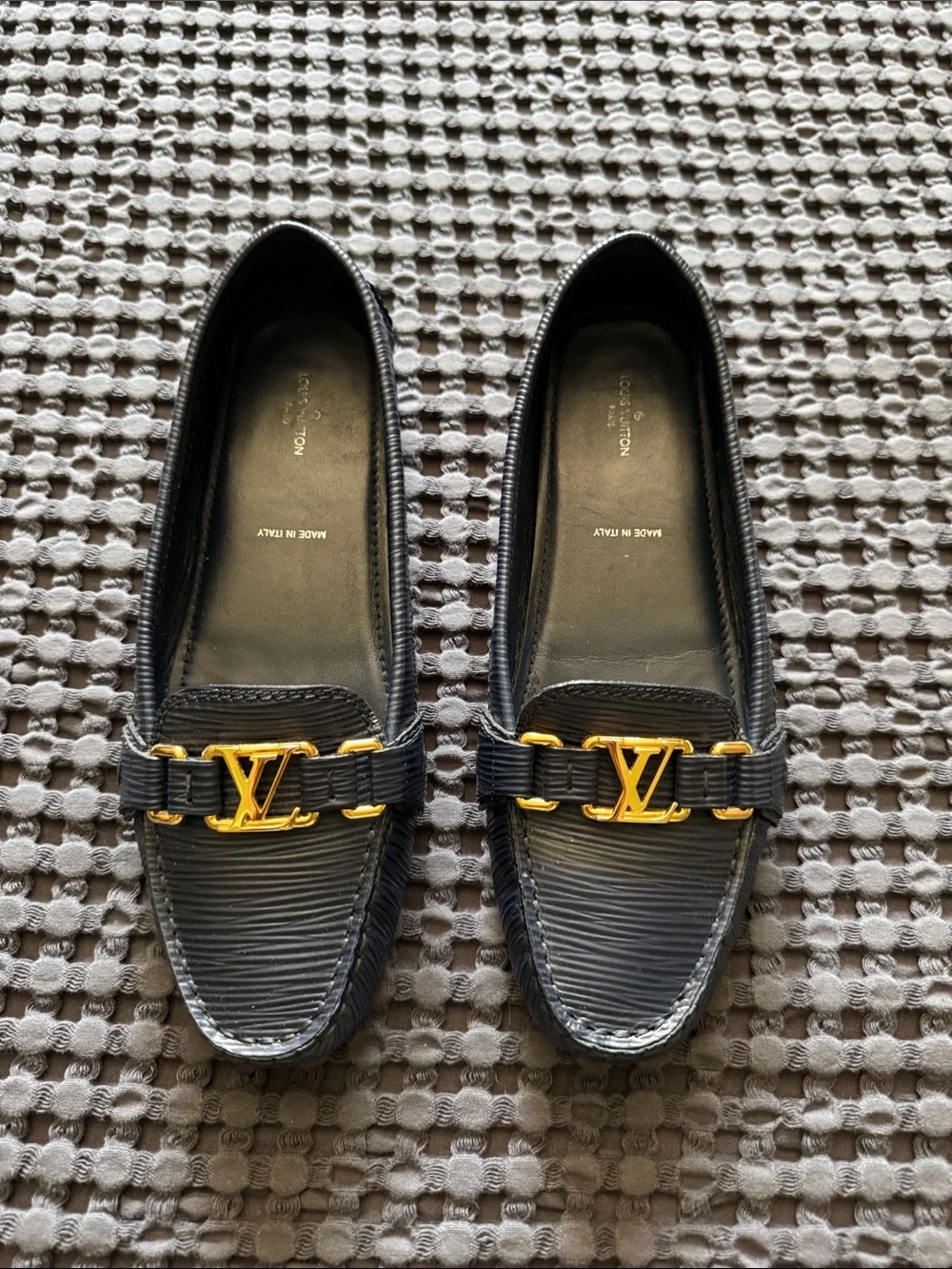 Louis Vuitton Navy Blue Epi Leather Loafers with Gold LV Hardware